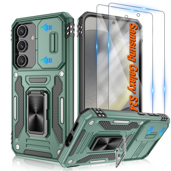 Atump for Galaxy S24 Case with 2Pcs HD Screen Protector, Military Grade Shockproof and Slide Camera Cover, 360° Rotated Ring Kickstand Protective Case for Samsung Galaxy S24,Alpine Green