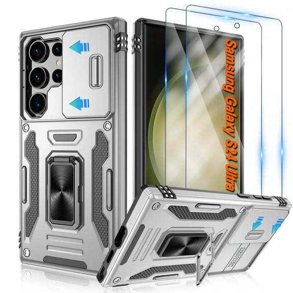 Atump for Galaxy S24 Ultra Case with 2Pcs HD Screen Protector, Military Grade Shockproof and Slide Camera Cover, 360° Rotated Ring Kickstand Protective Case for Samsung Galaxy S24 Ultra,Grey