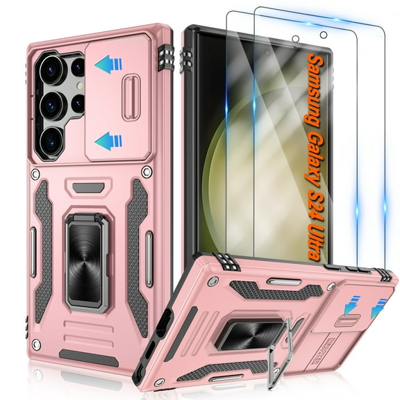 Atump for Galaxy S24 Ultra Case with 2Pcs HD Screen Protector, Military Grade Shockproof and Slide Camera Cover, 360° Rotated Ring Kickstand Protective Case for Samsung Galaxy S24 Ultra,Rose Gold
