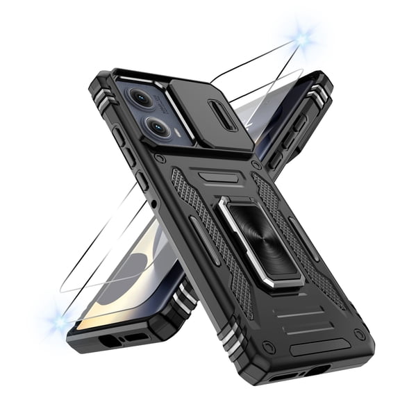 Atump for Moto Edge 2024 Case with 2Pcs HD Screen Protector, Military Grade Shockproof and Slide Camera Cover, 360° Rotated Ring Kickstand Protective Case for Moto Edge 2024,Black