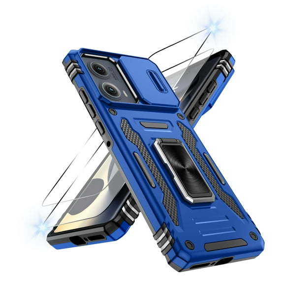 Atump for Moto Edge 2024 Case with 2Pcs HD Screen Protector, Military Grade Shockproof and Slide Camera Cover, 360° Rotated Ring Kickstand Protective Case for Moto Edge 2024,Navy Blue