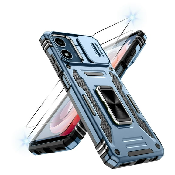 Atump for Moto G 5G 2024 Case with 2Pcs HD Screen Protector, Military Grade Shockproof and Slide Camera Cover, 360° Rotated Ring Kickstand Protective Case for Moto G 5G 2024,Light Blue