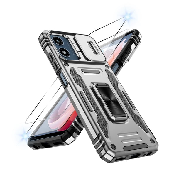Atump for Moto G 5G 2024 Case with 2Pcs HD Screen Protector, Military Grade Shockproof and Slide Camera Cover, 360° Rotated Ring Kickstand Protective Case for Moto G 5G 2024,Grey
