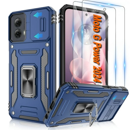 Atump for Moto G Power 5G 2024 Case with 2Pcs HD Screen Protector, Military Grade Shockproof and Slide Camera Cover, 360° Rotated Ring Kickstand Protective Case for Moto G Power 5G 2024,Navy Blue
