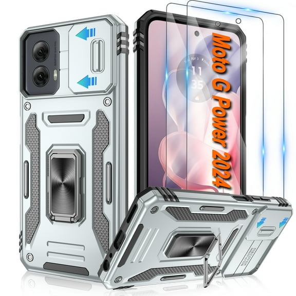 Atump for Moto G Power 5G 2024 Case with 2Pcs HD Screen Protector, Military Grade Shockproof and Slide Camera Cover, 360° Rotated Ring Kickstand Protective Case for Moto G Power 5G 2024,Grey