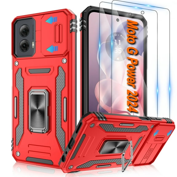 Atump for Moto G Power 5G 2024 Case with 2Pcs HD Screen Protector, Military Grade Shockproof and Slide Camera Cover, 360° Rotated Ring Kickstand Protective Case for Moto G Power 5G 2024,Red