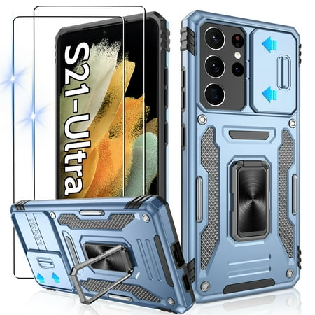 Atump for S21 Ultra Case with 2Pcs HD Screen Protector, Military Grade Shockproof and Slide Camera Cover, 360° Rotated Ring Kickstand Protective Case for Samsung Galaxy S24 Ultra,Light Blue