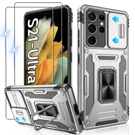 Atump for S21 Ultra Case with 2Pcs HD Screen Protector, Military Grade Shockproof and Slide Camera Cover, 360° Rotated Ring Kickstand Protective Case for Samsung Galaxy S27 Ultra,Grey
