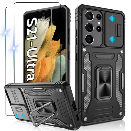 Atump for S22 Ultra Case with 2Pcs HD Screen Protector, Military Grade Shockproof and Slide Camera Cover, 360° Rotated Ring Kickstand Protective Case for Samsung Galaxy S22 Ultra,Black