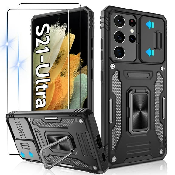 Atump for S22 Ultra Case with 2Pcs HD Screen Protector, Military Grade Shockproof and Slide Camera Cover, 360° Rotated Ring Kickstand Protective Case for Samsung Galaxy S22 Ultra,Black