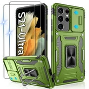Atump for S22 Ultra Case with 2Pcs HD Screen Protector, Military Grade Shockproof and Slide Camera Cover, 360° Rotated Ring Kickstand Protective Case for Samsung Galaxy S22 Ultra,Olive Green
