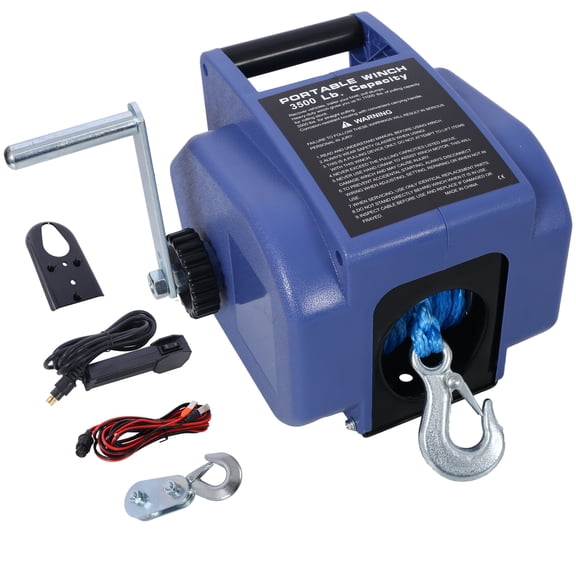 Atv Winch, 12v 3500lbs Trailer Winch,Reversible Electric Winch, for Boats up to 5000 lbs.,with synthetic rope,with extra pulley hook,power in and power out,with manual function.blue plastic casing