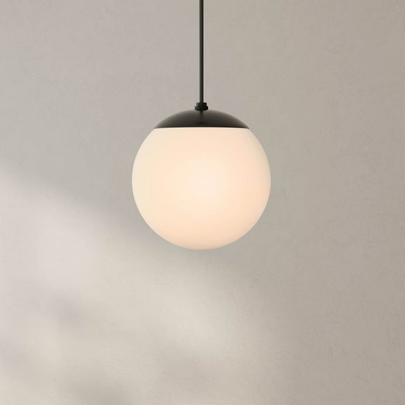 Atwell Collection Matte Black and Opal Glass Globe Small Hanging Pendant Light