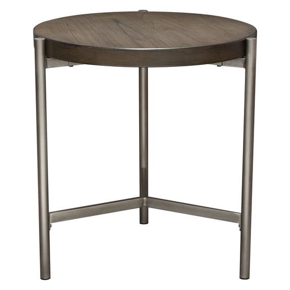 Atwood 22" Round End Table w/ Grey Oak Veneer Top Brushed Silver Metal Base by Diamond Sofa
