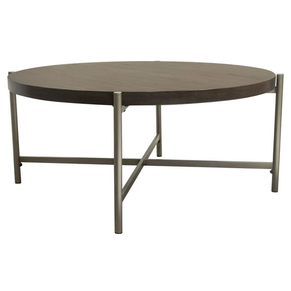 Atwood 40" Round Cocktail Table w/ Grey Oak Veneer Top Brushed Silver Metal Base by Diamond Sofa