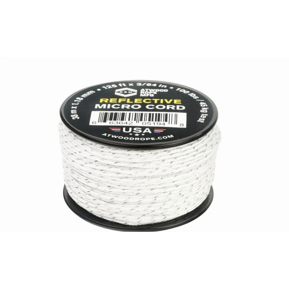 Atwood Rope MFG Tactical Nylon/Polyester Micro Utility Cord Reflective 1.18mm X 125ft Reusable Spool | Fishing Gear, Jewelry Making, Camping Accessories (White Reflective)