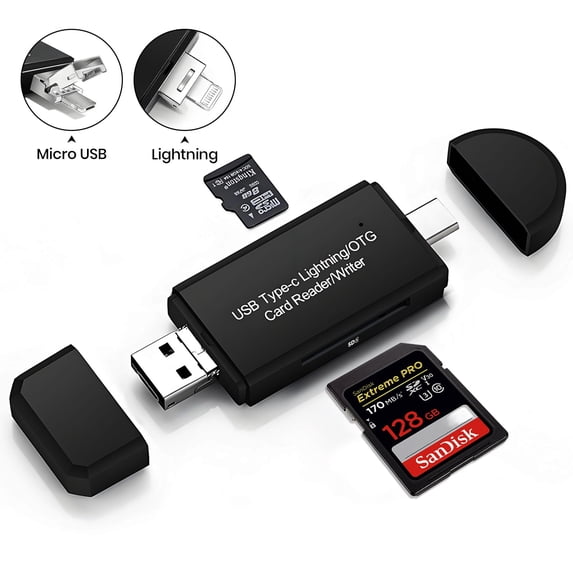 Atzeste SD Card Reader for iPhone iPad, 4-in-1 Memory Card Adapter with Lightning/USB-C/USB/Micro USB, Supports SD/TF Cards, Compatible with iOS 13+, Plug & Play, No App Required