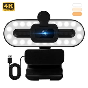 Atzeste Webcam with Ring Light 4K HD USB Autofocus PC Webcam with Dual Mics for PC Laptop Computer Gaming Webcam