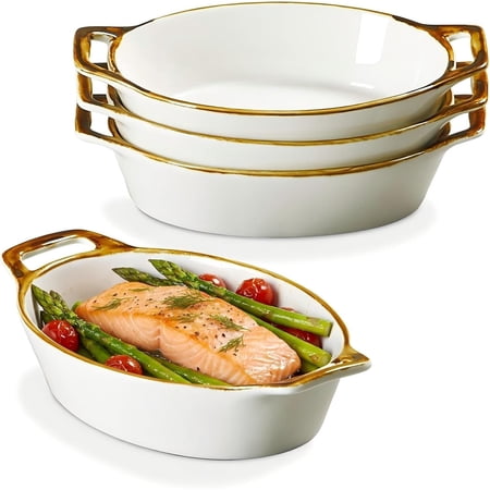 Au Gratin Baking Dish Set of 4, Oval White Ceramic Mini Casserole Dishes with Brown Rim, Oven Safe, 20 oz 6x8 Inches, Ideal for Individual Serving, Lasagna, Quiche