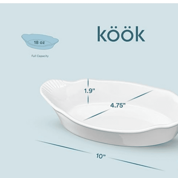 Au Gratin Baking Dishes, Ceramic, by Kook, for Casseroles, Lasagna & Cobblers, Individual Serving, Set of 2, Oven, Microwave & Dishwasher Safe Bakeware, 18 oz, Ivory