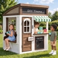 thumbnail image 1 of Auarte Outdoor Wooden Playhouse for Kids Ages 3+, DIY Themed Toddler Play House with Coffee Set, Cash Register, Flip-Over Bench, Chalkboard, Doorbell, 1 of 11