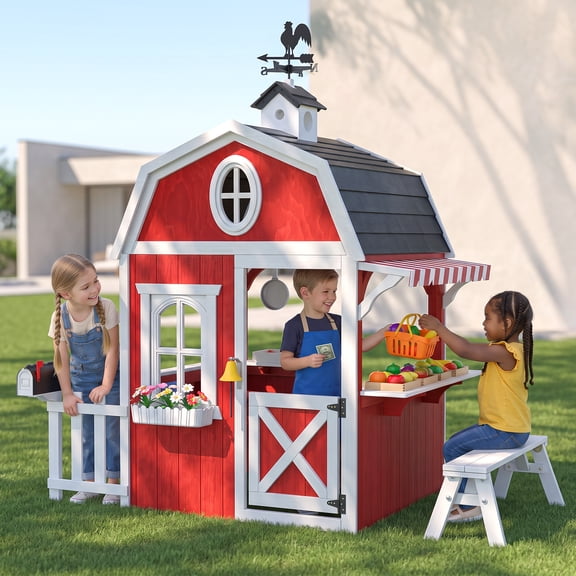 Auarte Outdoor Playhouse for Kids Ages 3+, Barn Wooden Play House with Play Kitchen, Food, Basket, Flowerpot, Chalkboard, Bench, Wind Vane, Pet Door