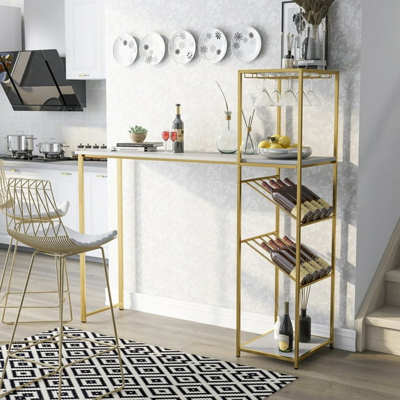 Aubrey Steel and Faux Marble Bar Table with Wine Racks, Bottle Racks and Stemware, Gold and White