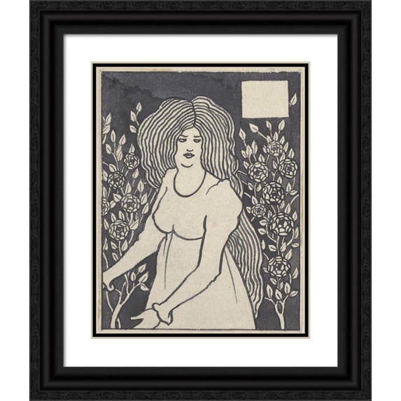 Aubrey Vincent Beardsley 20x24 Black Ornate Framed Double Matted Museum Art Print Titled: Long-Haired Woman in Front of Tall Rosebushes (1894)