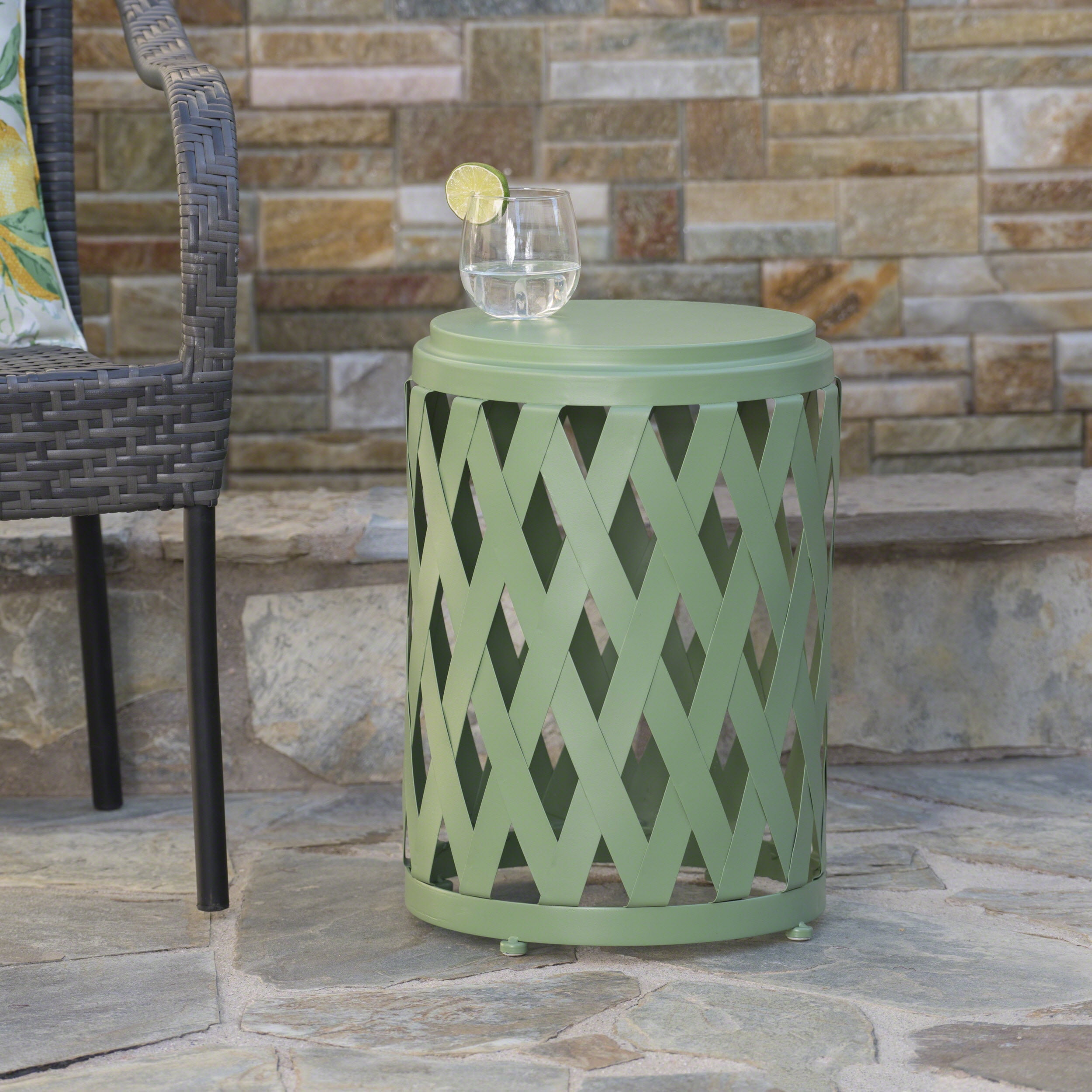 Aubriella Outdoor 12 Inch Diameter Iron Side Table, Green