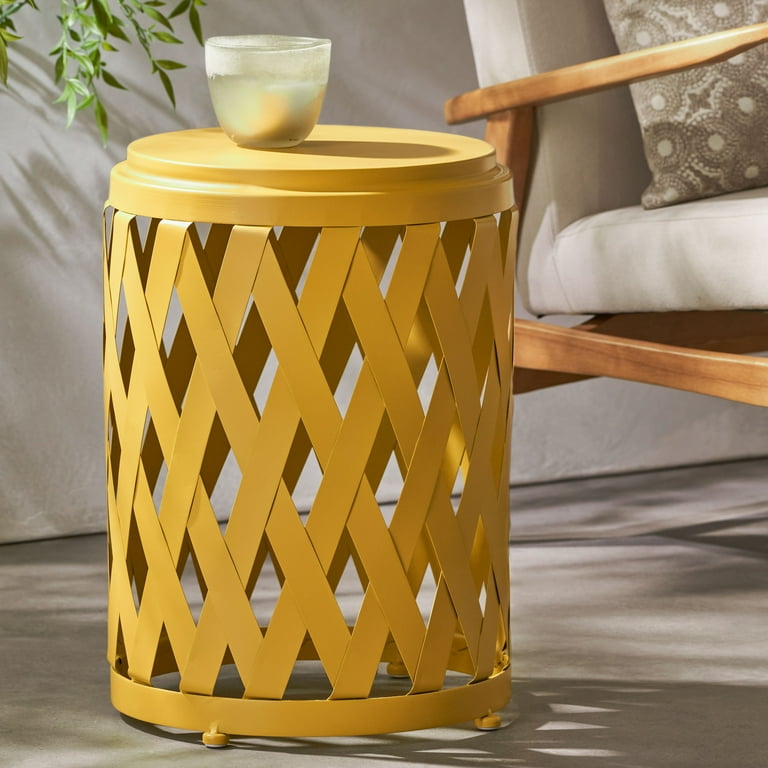 Aubriella Outdoor 14 Inch Diameter Iron Side Table, Matte Yellow Aubriella Outdoor 14 Inch Diameter Iron Side Table, Matte Yellow