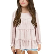 Auburet Girls Chiffon Blouses Kids Long Sleeve Swiss Dot Shirts Round Neck Ruffle Peplum Tops