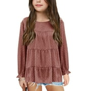 Auburet Girls Chiffon Blouses Kids Long Sleeve Swiss Dot Shirts Round Neck Ruffle Peplum Tops