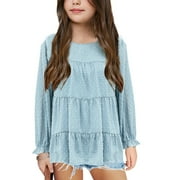 Auburet Girls Chiffon Blouses Kids Long Sleeve Swiss Dot Shirts Round Neck Ruffle Peplum Tops