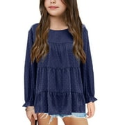 Auburet Girls Chiffon Blouses Kids Long Sleeve Swiss Dot Shirts Round Neck Ruffle Peplum Tops