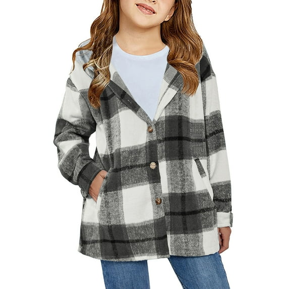 Auburet Girls Cute Flannel Plaid Button Down Top with Pockets Long Sleeve Hooded Jacket