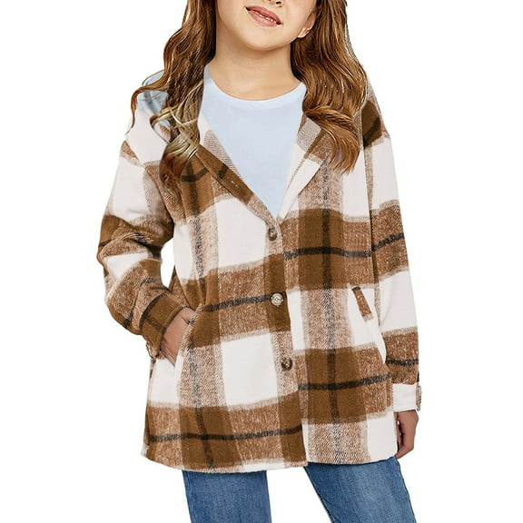 Auburet Girls Cute Flannel Plaid Button Down Top with Pockets Long Sleeve Hooded Jacket
