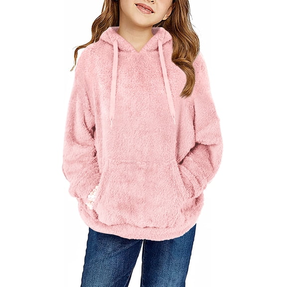 Auburet Girls Fuzzy Fleece Pullover Hoodies Sweatshirt Casual Loose Outwear Coat with Pockets 4-15 Years