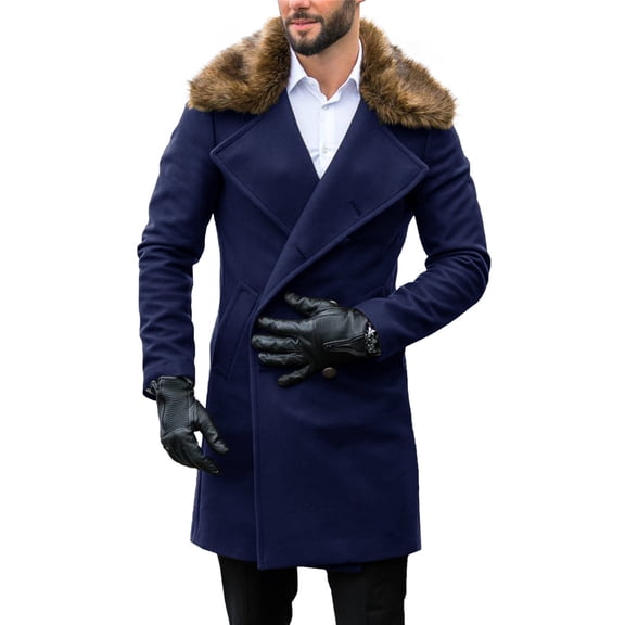 Auburet Men's Winter Trench Overcoat Removable Faux Fur Collar Double Breasted Long Pea Coat