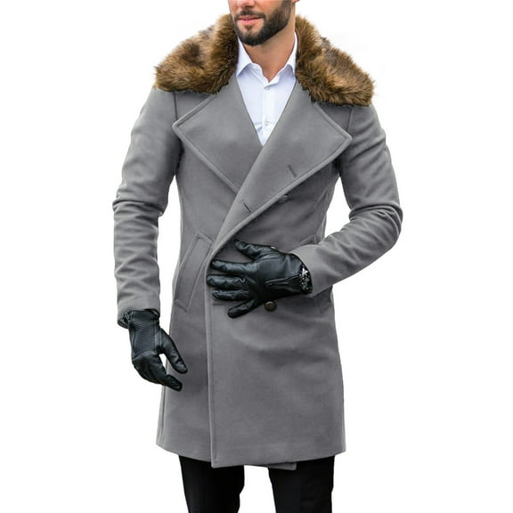 Auburet Men's Winter Trench Overcoat Removable Faux Fur Collar Double Breasted Long Pea Coat