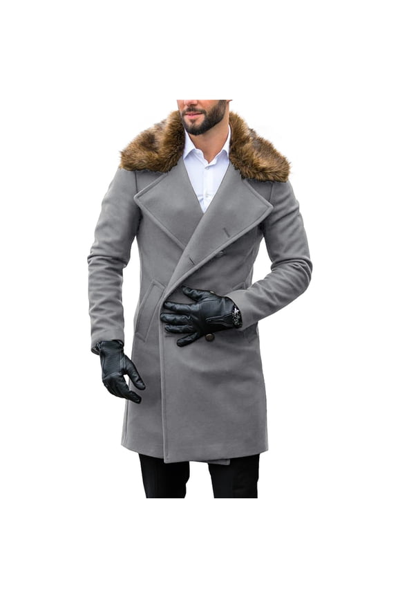 Men's Winter Trench Overcoat Removable Faux Fur Collar Double Breasted Long Pea Coat