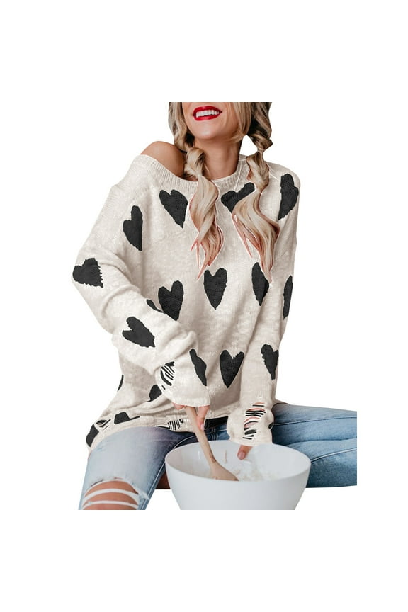 Women Off Shoulder Knitted Pullovers Sweater Loose Long Sleeve Hearts Printed Ripped Tops