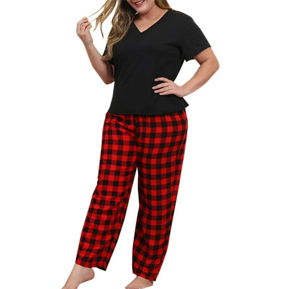 Auburet Women Pajamas Set Plaid Lounge Pants V-Neck Short Sleeve Cotton T-Shirt 2 Piece Sleepwear