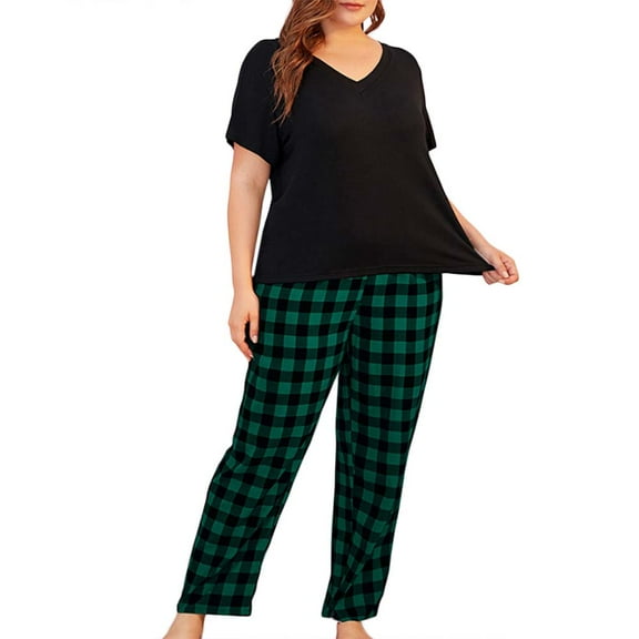 Auburet Women Pajamas Set Plaid Lounge Pants V-Neck Short Sleeve Cotton T-Shirt 2 Piece Sleepwear