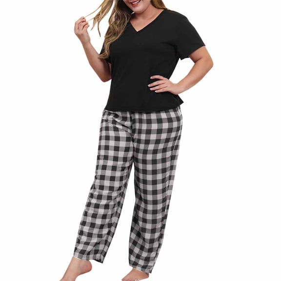Auburet Women Pajamas Set Plaid Lounge Pants V-Neck Short Sleeve Cotton T-Shirt 2 Piece Sleepwear