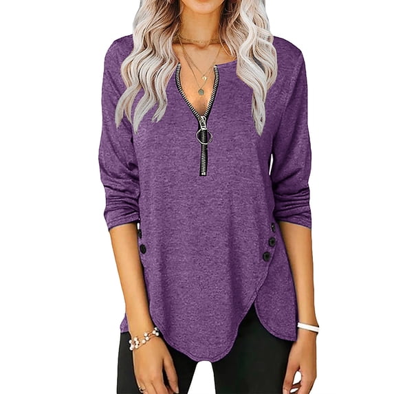 Auburet Women's Casual Long Sleeve Blouses Zipper Tunic V-Neck Button Side T-Shirts Tops