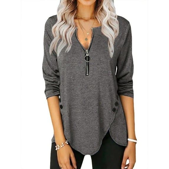 Auburet Women's Casual Long Sleeve Blouses Zipper Tunic V-Neck Button Side T-Shirts Tops