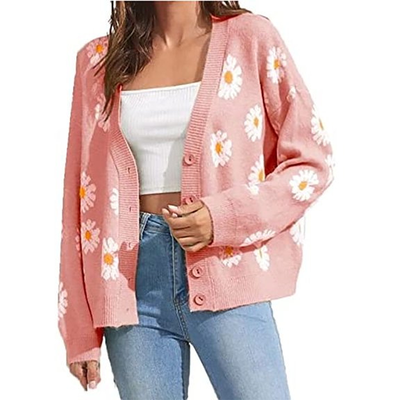 Auburet Women's Floral Print Cardigan Long Sleeve Open Front Button Down V-Neck Knitted Sweaters