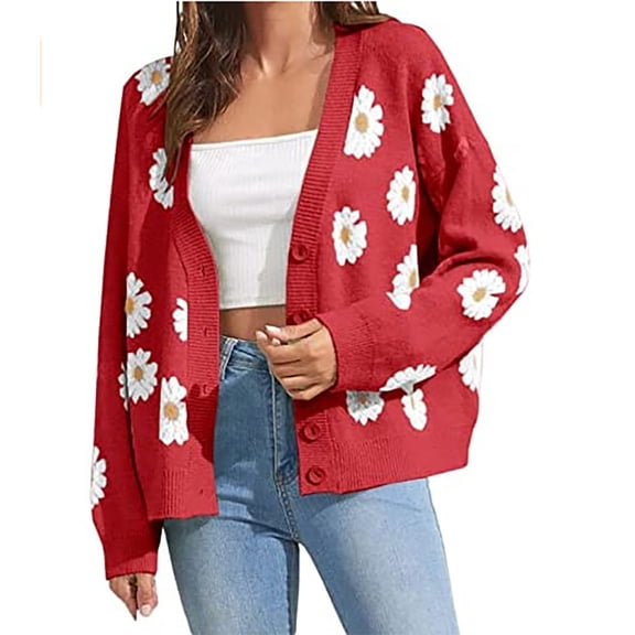 Auburet Women's Floral Print Cardigan Long Sleeve Open Front Button Down V-Neck Knitted Sweaters
