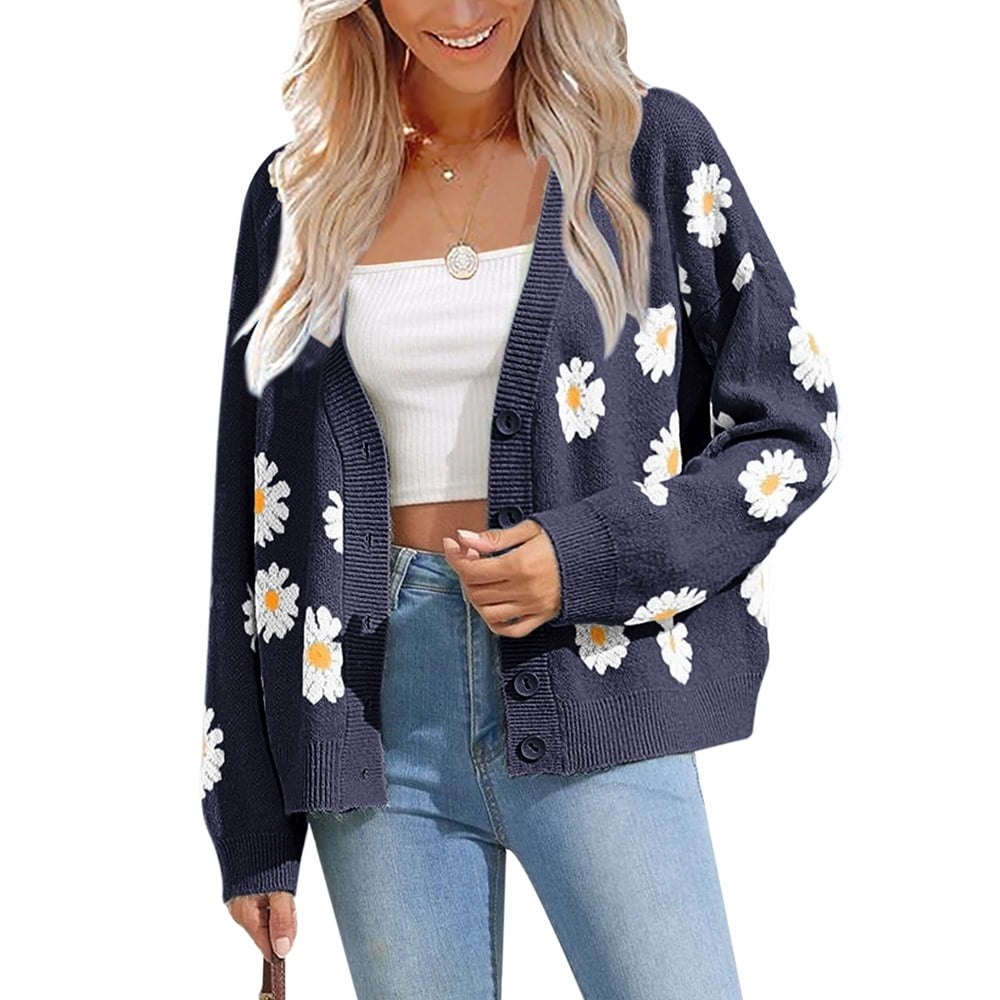 TUNUSKAT Womens Fall Cute Cardigan Sweaters Aesthetic Floral Knit Sweater  Long Sleeve Button V Neck Casual Open Front Tops