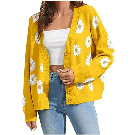 Auburet Women's Floral Print Cardigan Long Sleeve Open Front Button Down V-Neck Knitted Sweaters